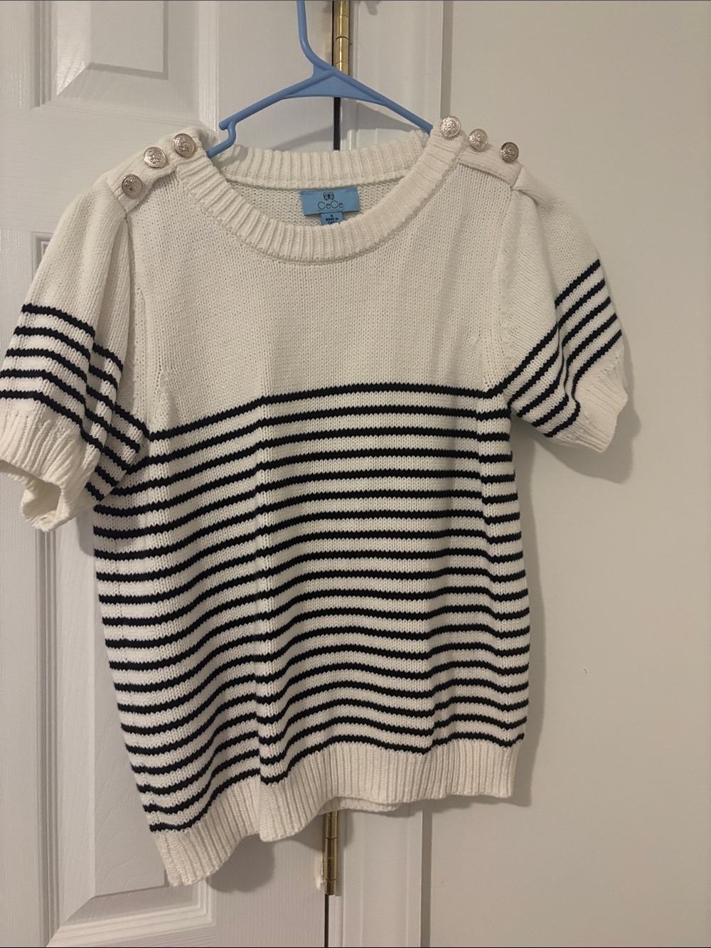 CeCe Cream and Black Striped Short-Sleeve Knit Sweater with Shoulder Buttons